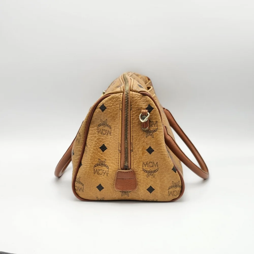 MCM Cognac Brown Monogram Satchel with Gold Hardware